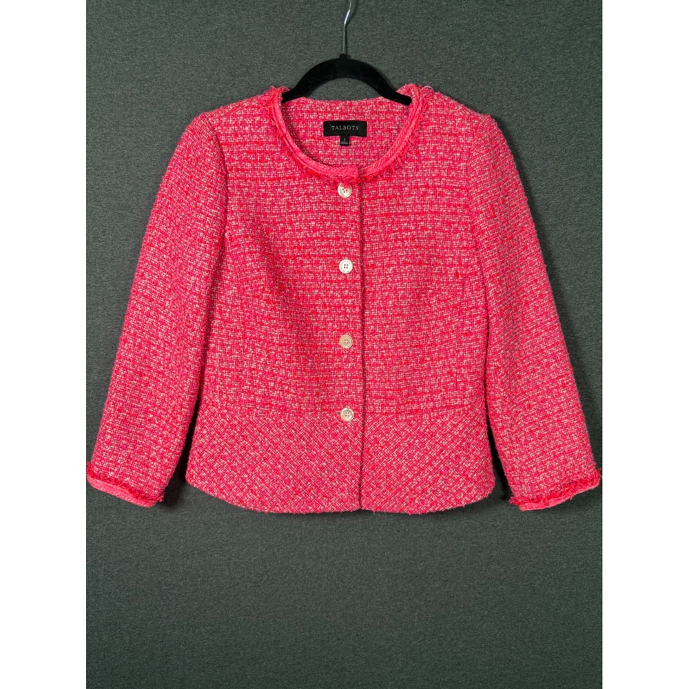 Talbots Pink Tweed Blazer Metallic Fringe Trim Button Front Jacket Size 2